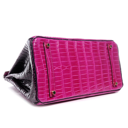 Hermes Shiny Porosus Crocodile Bi-Color Horseshoe Birkin 35 Rose Scheherazade/Amethyst 4 of 10