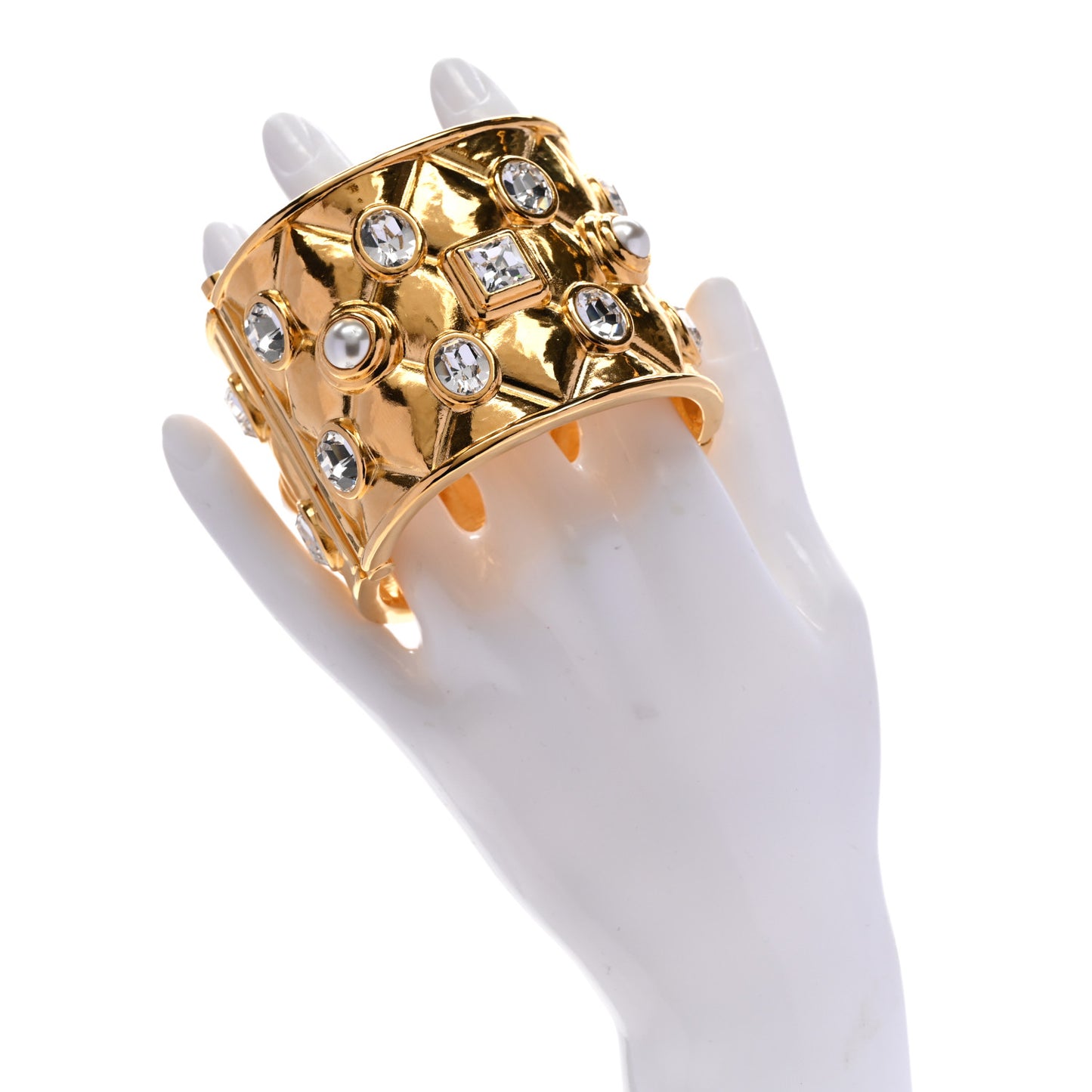 Strauss Pearl Crystal Quilted Hinged Cuff Set of 2 Gold
