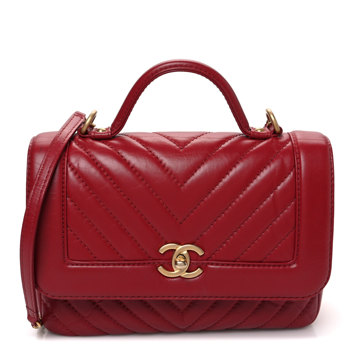 Chanel Calfskin Chevron Quilted Top Handle Flap Red 1 of 11