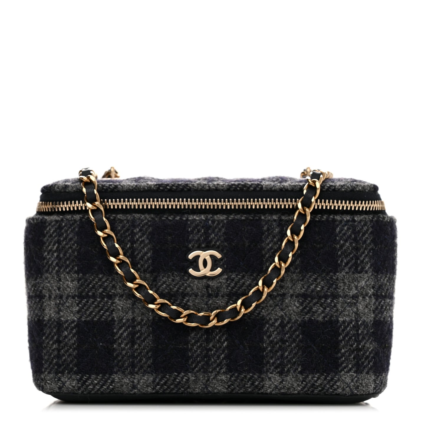 Wool Plaid Quilted Small Vanity Case With Chain Blue