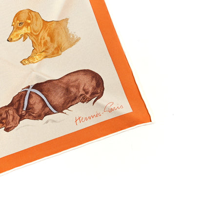 Hermes Silk Les Bassets Scarf 45  Beige Clair Gris Bluette Orange Cuit 3 of 4