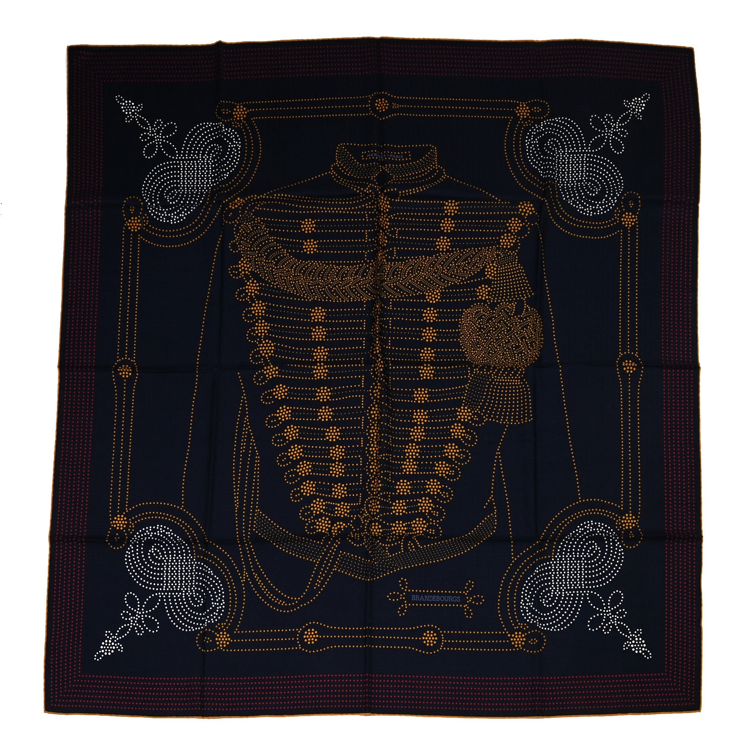 Hermes Cashmere Silk Brandebourgs Points Shawl 140 Bleu Black Gold Rouge 1 of 5