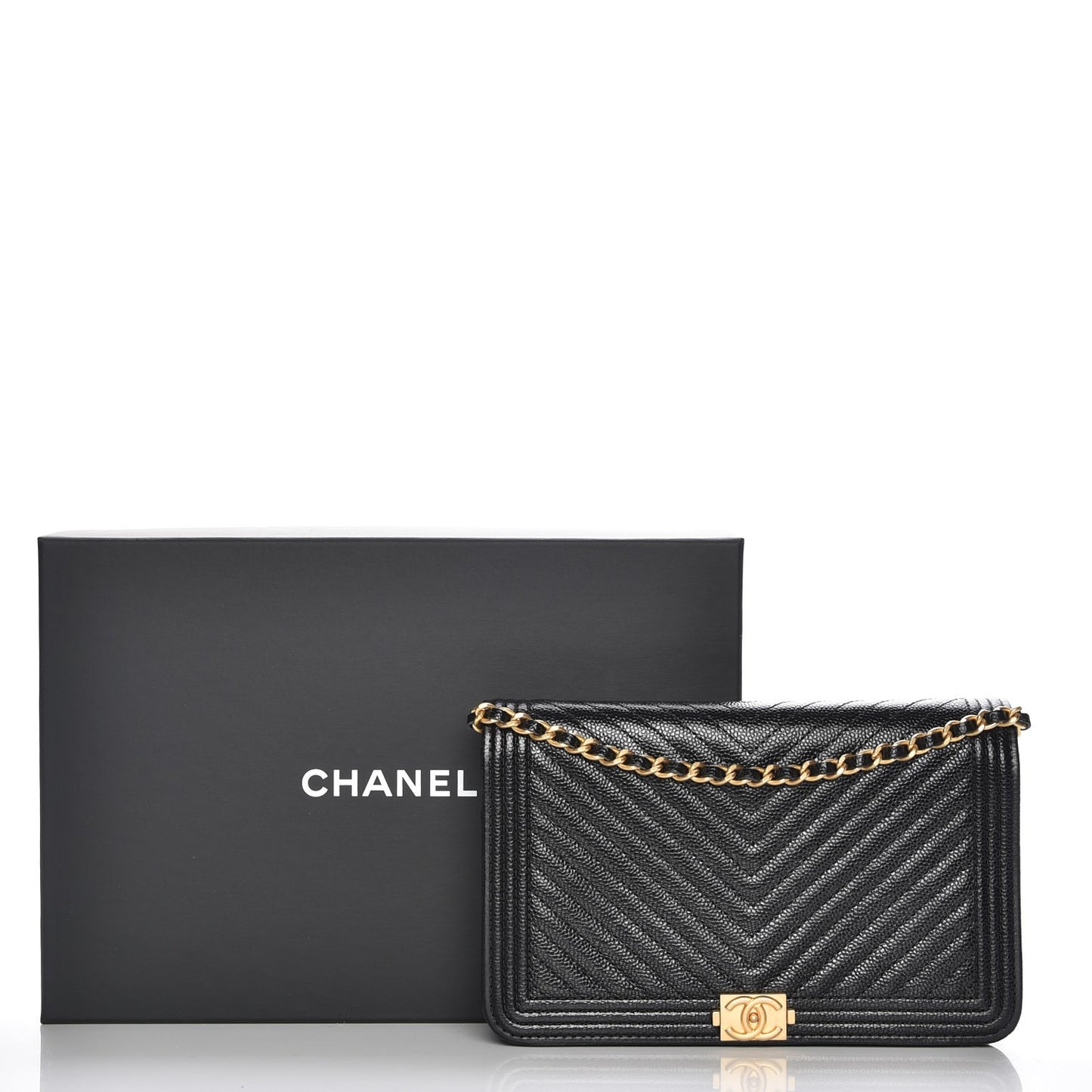 Caviar Chevron Quilted Boy Wallet On Chain WOC Black