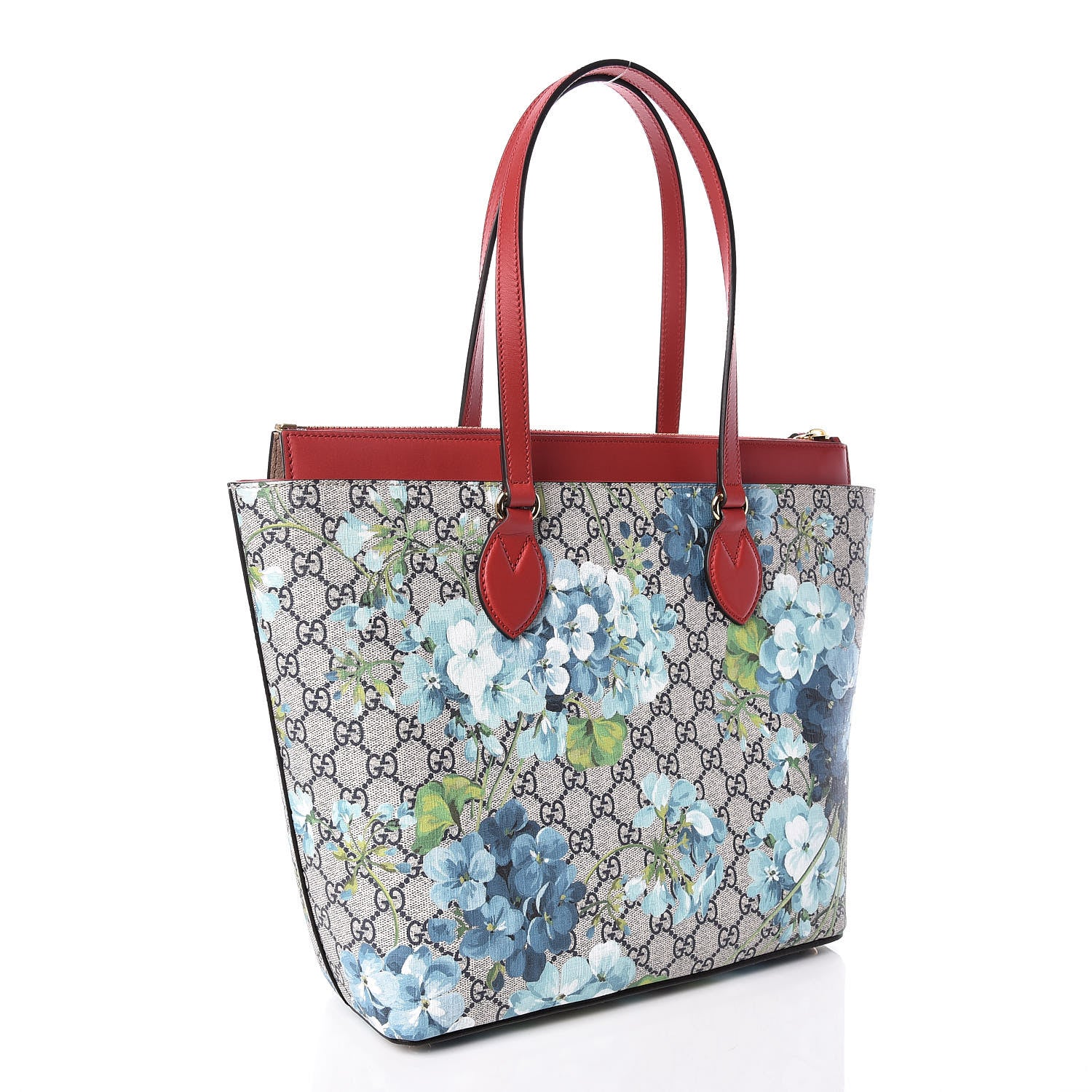 Gucci GG Supreme Monogram Blooms Medium Zippered Bucket Tote Beige Blue Navy Hibiscus Red 3 of 10
