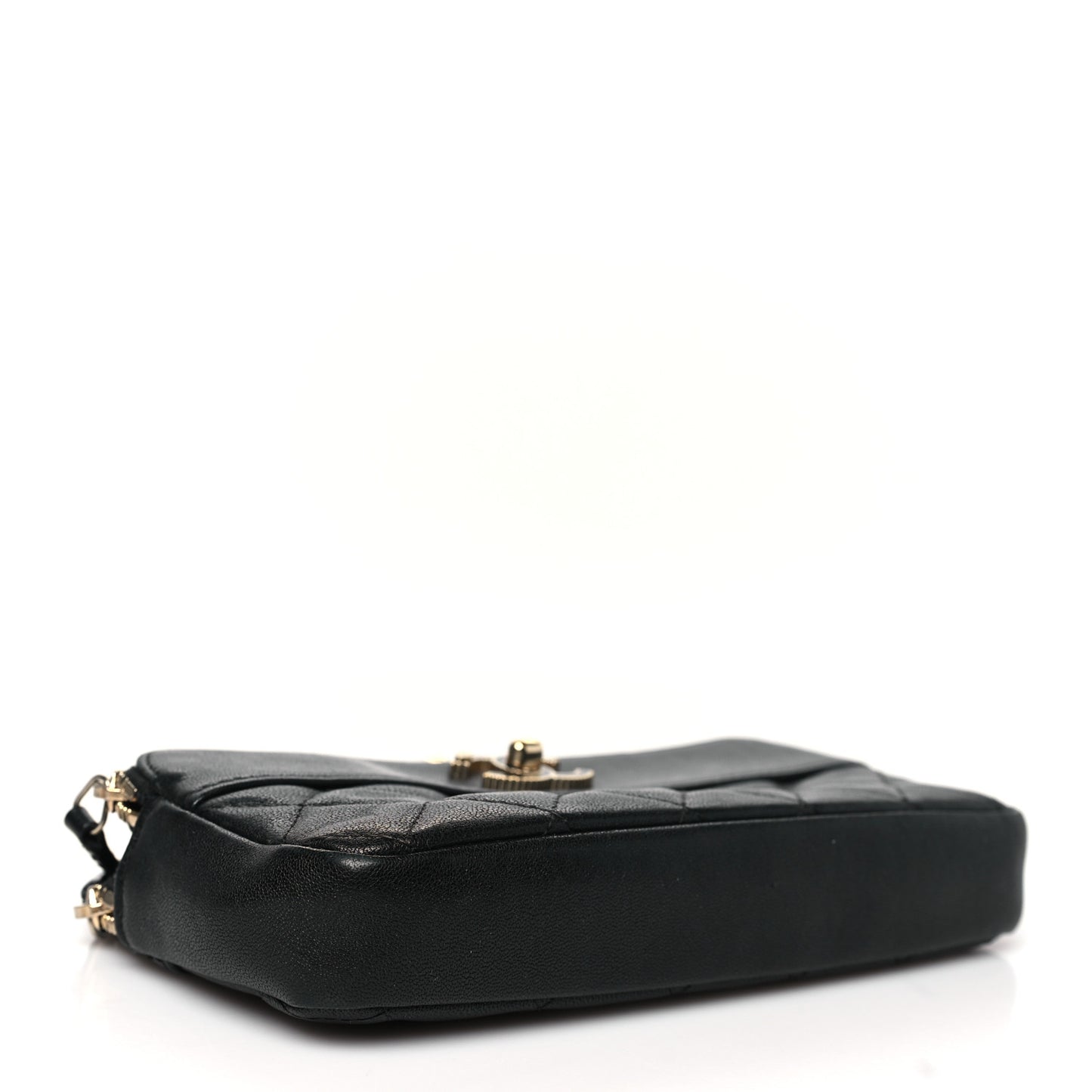 Metallic Sheepskin Chevron Quilted Small Vintage Mademoiselle Clutch With Chain Black