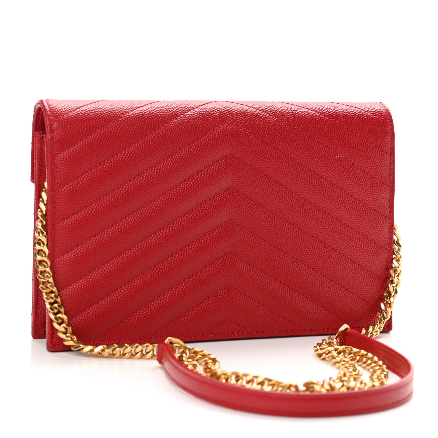 Saint Laurent Grain De Poudre Matelasse Chevron Monogram Envelope Chain Wallet New Red 3 of 11