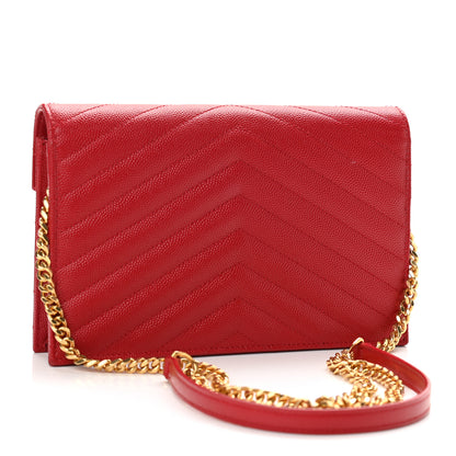 Saint Laurent Grain De Poudre Matelasse Chevron Monogram Envelope Chain Wallet New Red 3 of 11