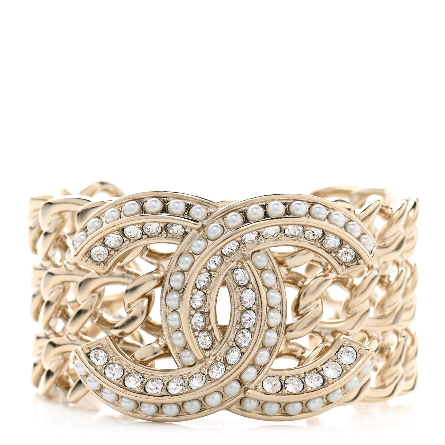 Crystal Pearl Chain CC Cuff Gold