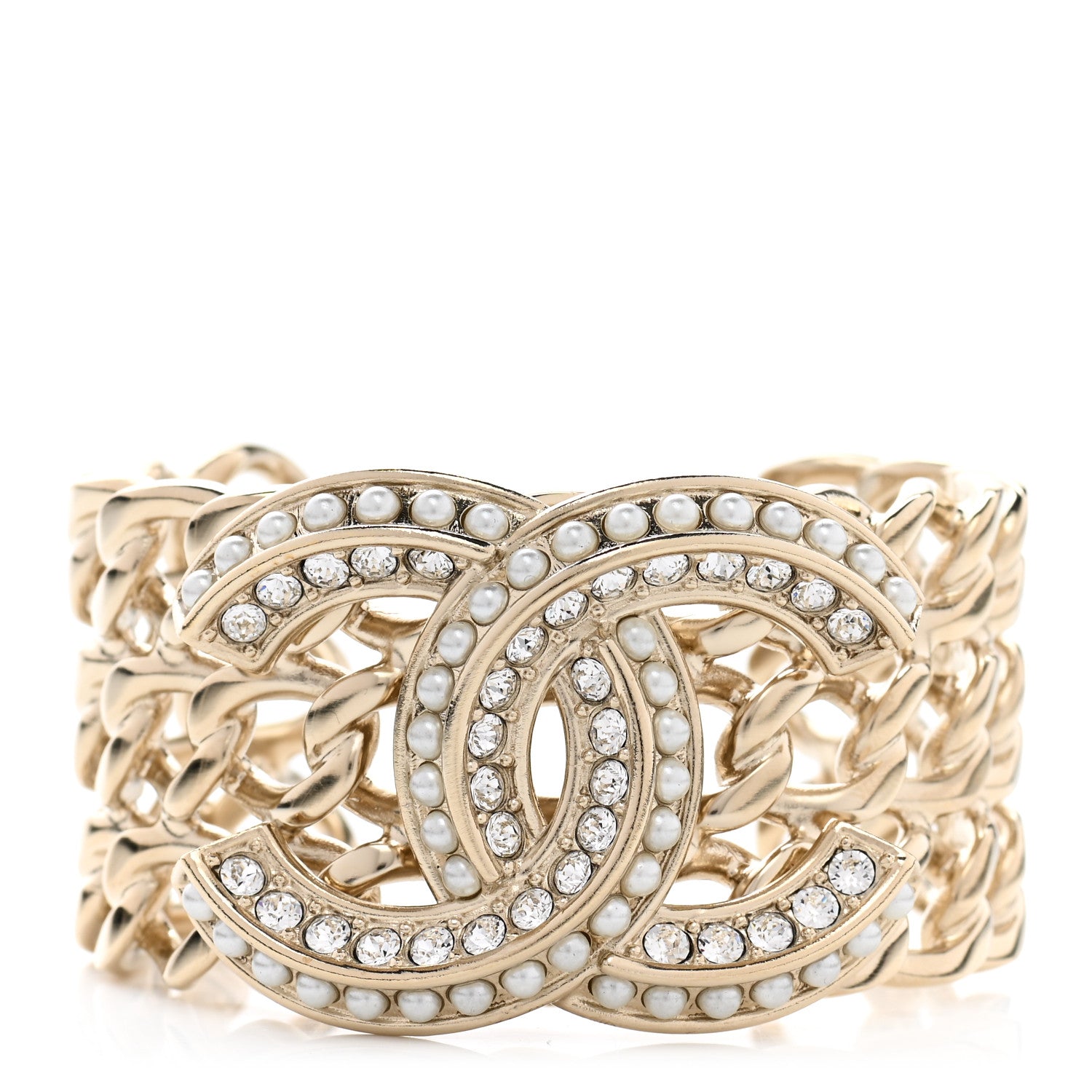 Chanel Crystal Pearl Chain CC Cuff Gold 1 of 6