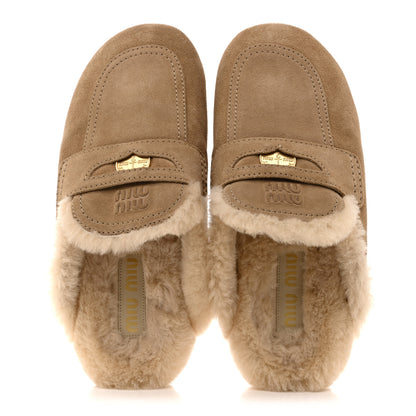 Miu Miu Suede Shearling Mules 37.5 Beige Khaki 2 of 9