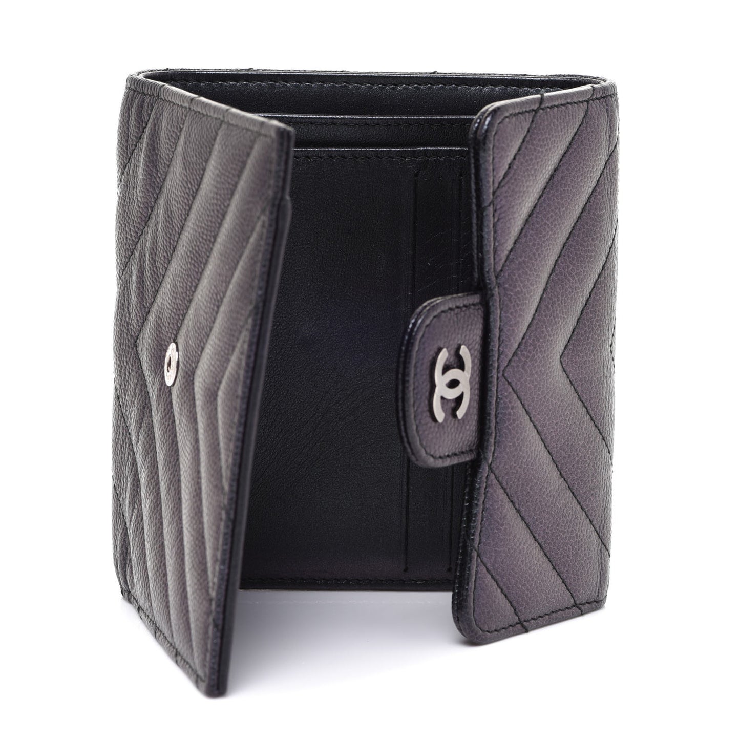 Iridescent Caviar Chevron Quilted Compact Flap Wallet Black