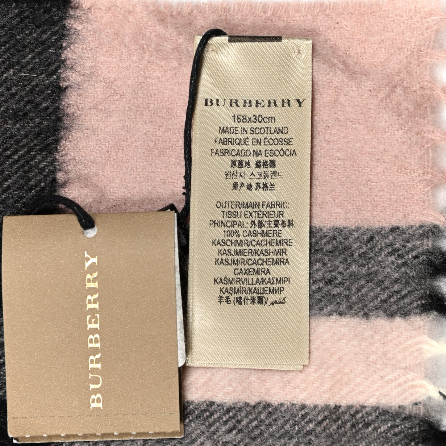 Cashmere Giant Icon Check Fringe Scarf Ash Rose