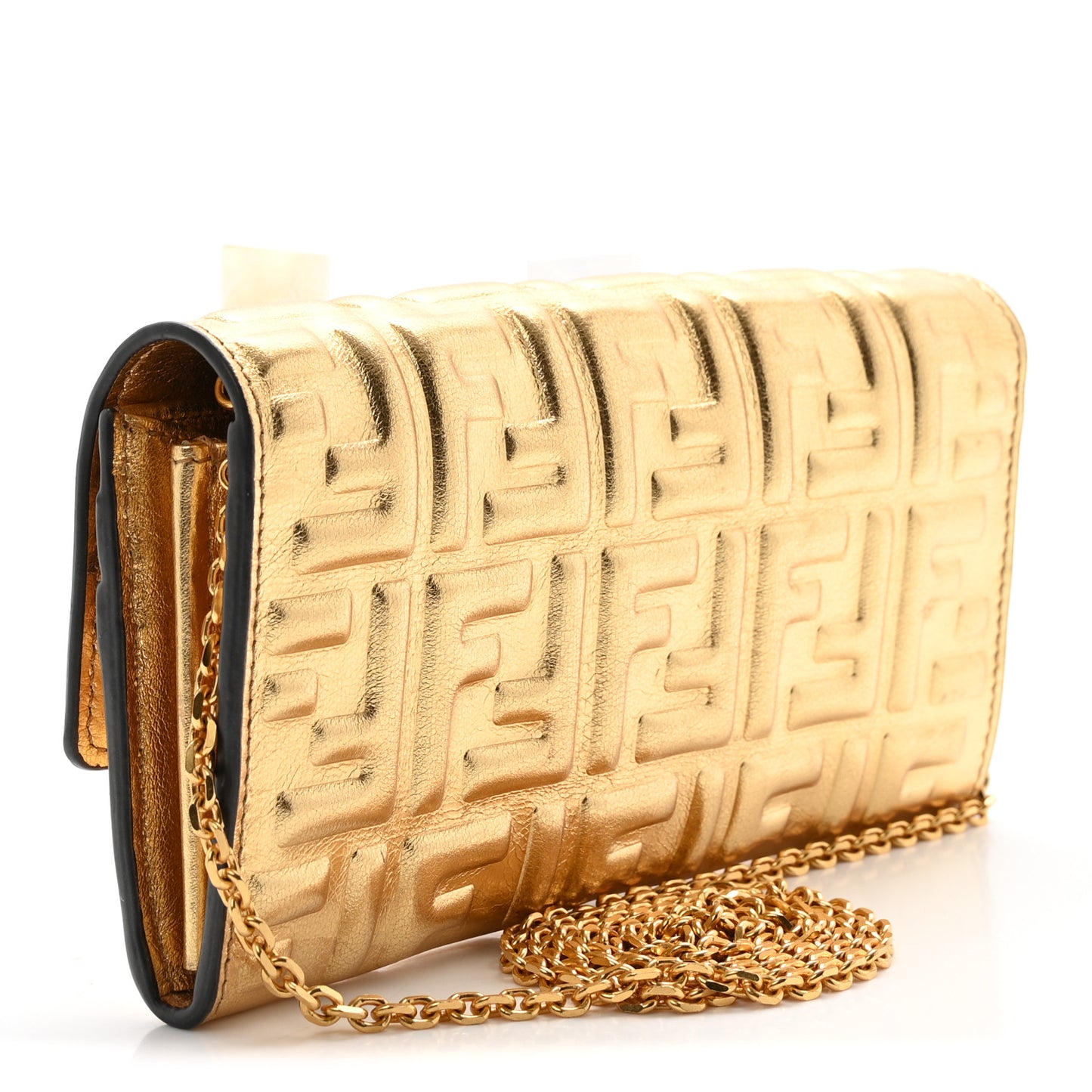 Vitello Catalan Mirror FF 1974 Embossed Continental Wallet on Chain Gold
