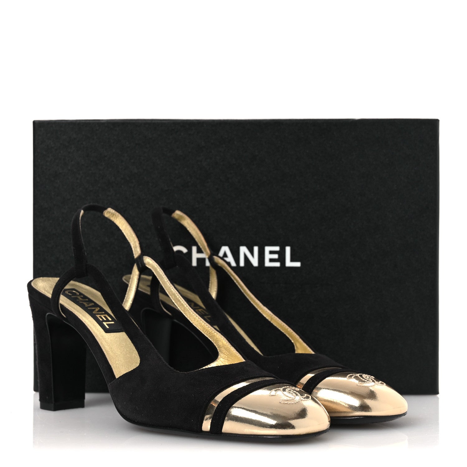 Chanel Kid Suede Metallic Lambskin Cap Toe CC Slingback Pumps 40 Black Gold 13 of 13