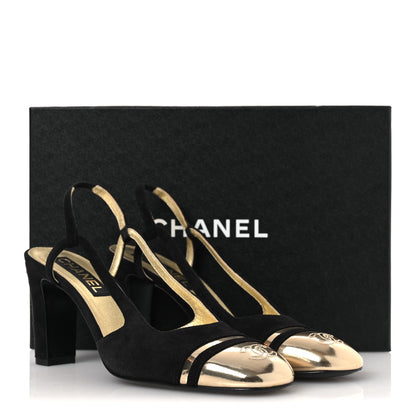 Chanel Kid Suede Metallic Lambskin Cap Toe CC Slingback Pumps 40 Black Gold 13 of 13