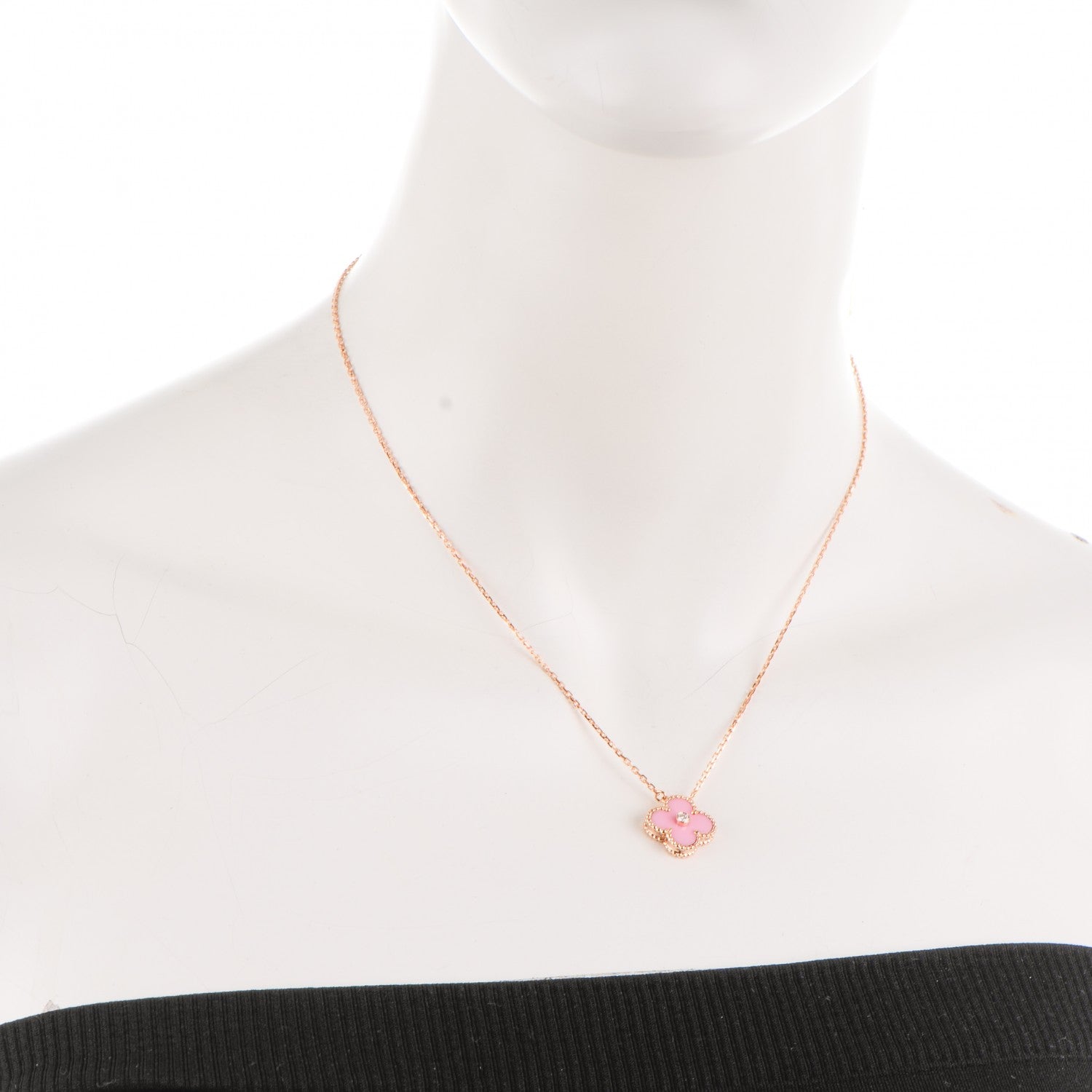 Van Cleef & Arpels 18K Rose Gold Diamond Pink Porcelain Vintage Alhambra Pendant Necklace 2 of 6