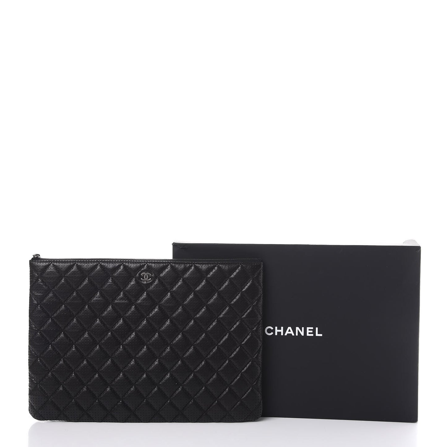 Perforated Lambskin Quilted Large Zip Pouch Black