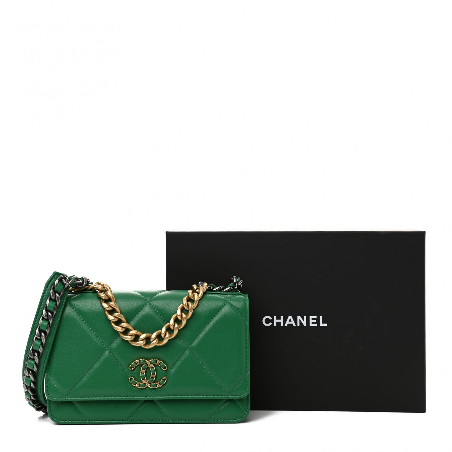 Shiny Lambskin Quilted Chanel 19 Wallet On Chain WOC Green