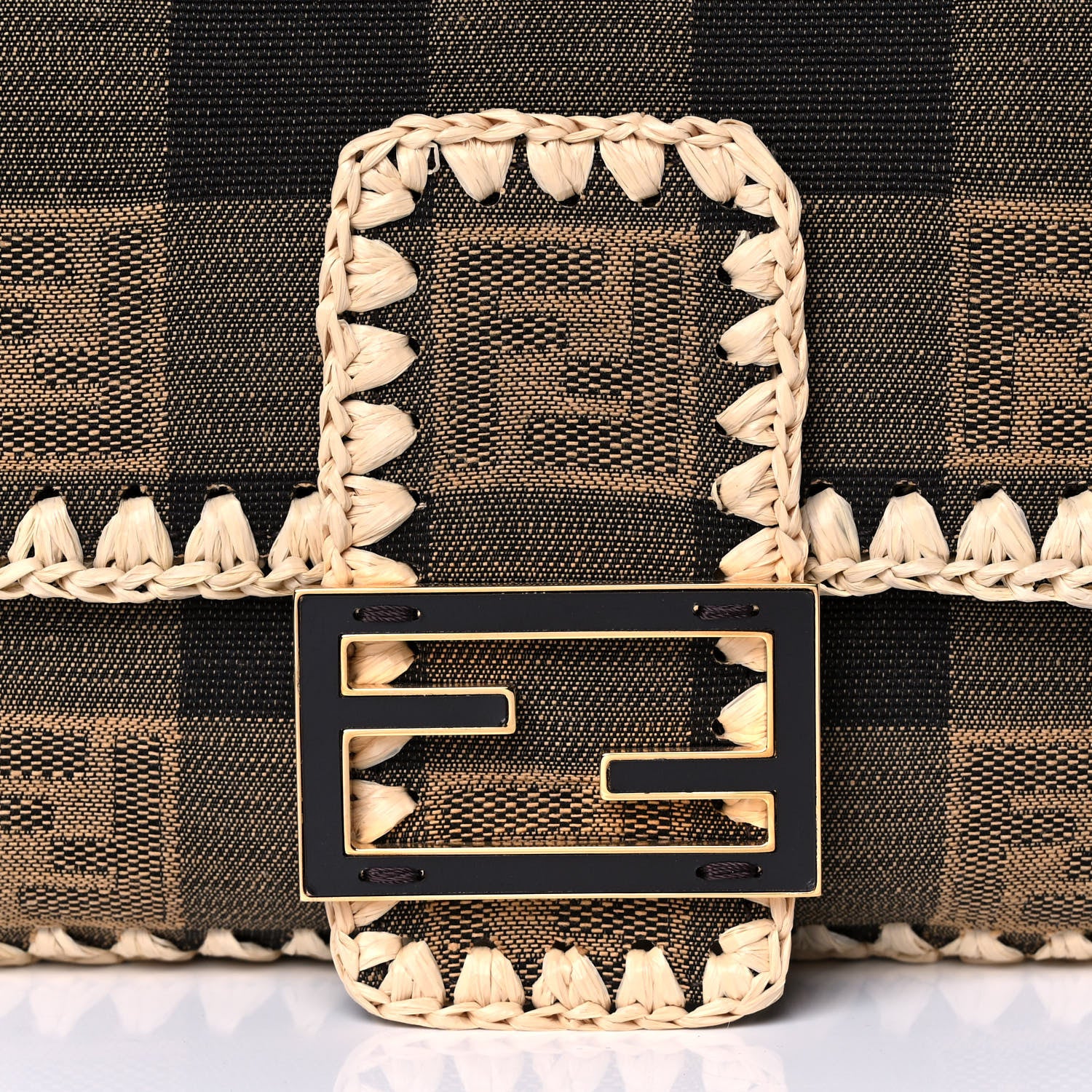 Fendi Fabric Jacquard Raffia Straw Pequin Gingham Woven Baguette Beige Black Natural 8 of 11