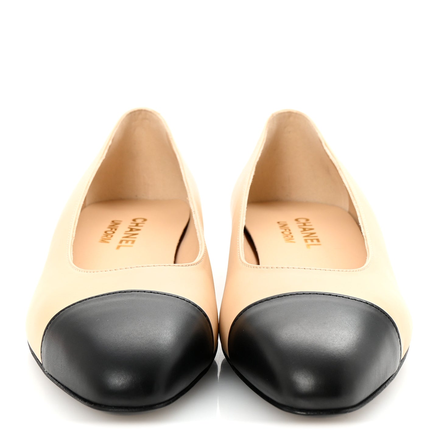 Lambskin Cap Toe CC Uniform Ballerina Flats 35 Beige Black