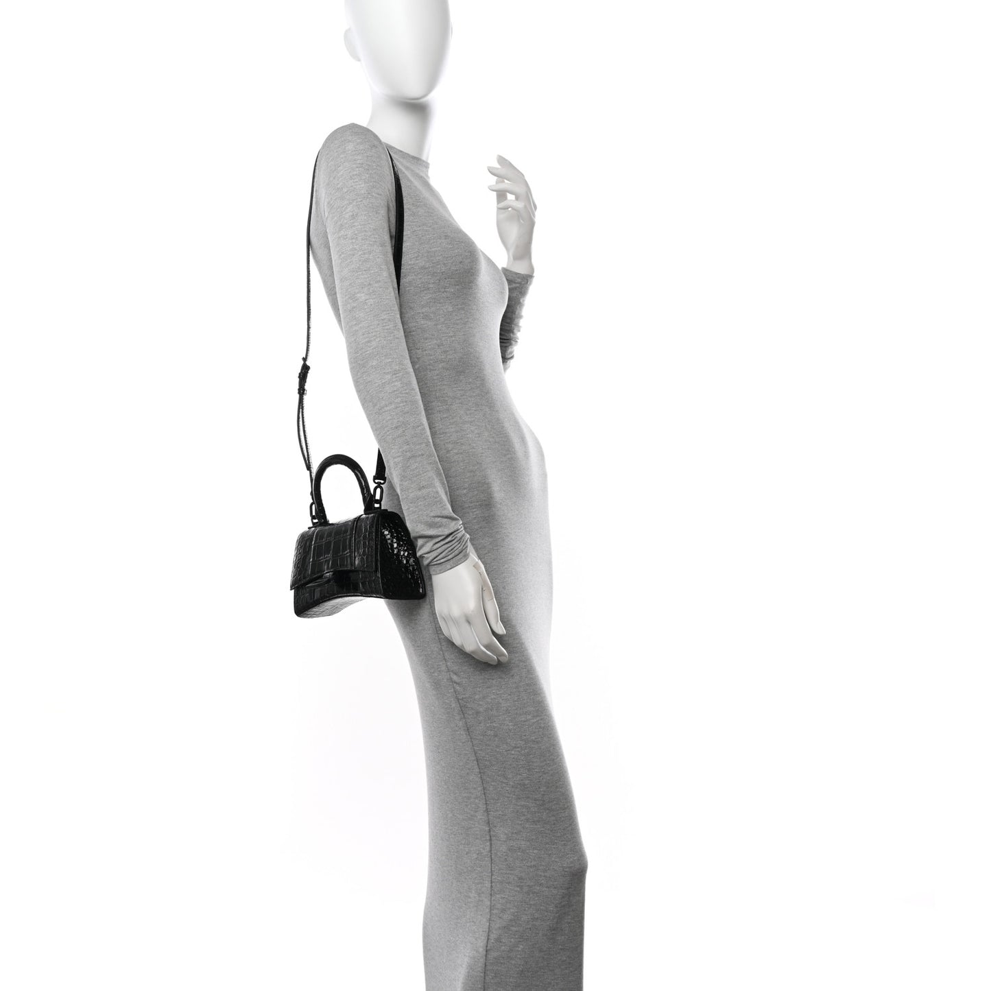Shiny Calfskin Monochrome Crocodile Embossed Hourglass Top Handle Bag XS Black