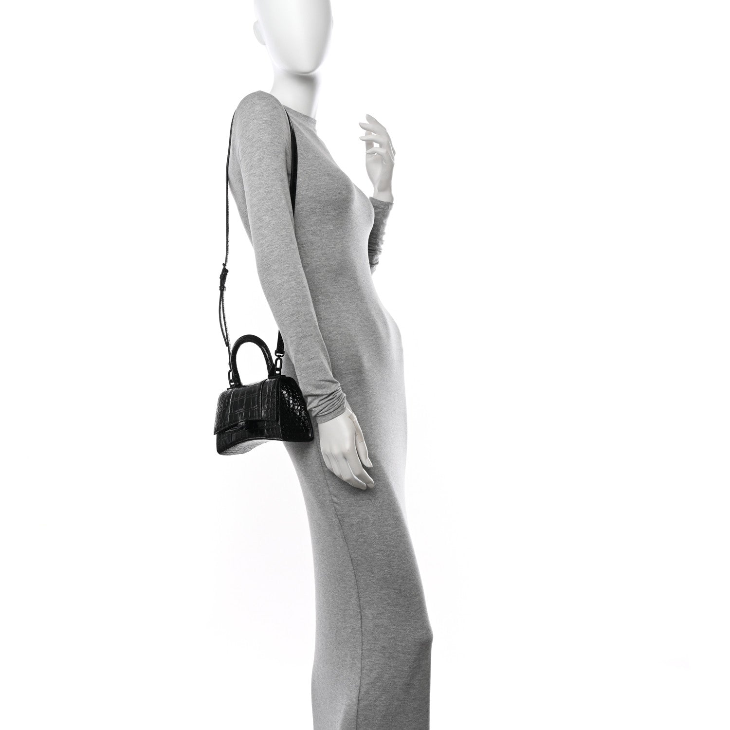 Balenciaga Shiny Calfskin Monochrome Crocodile Embossed Hourglass Top Handle Bag XS Black 2 of 10