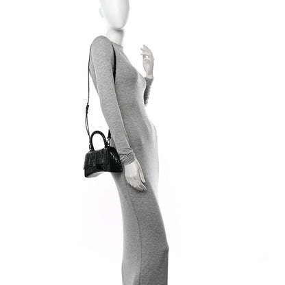 Balenciaga Shiny Calfskin Monochrome Crocodile Embossed Hourglass Top Handle Bag XS Black 2 of 10