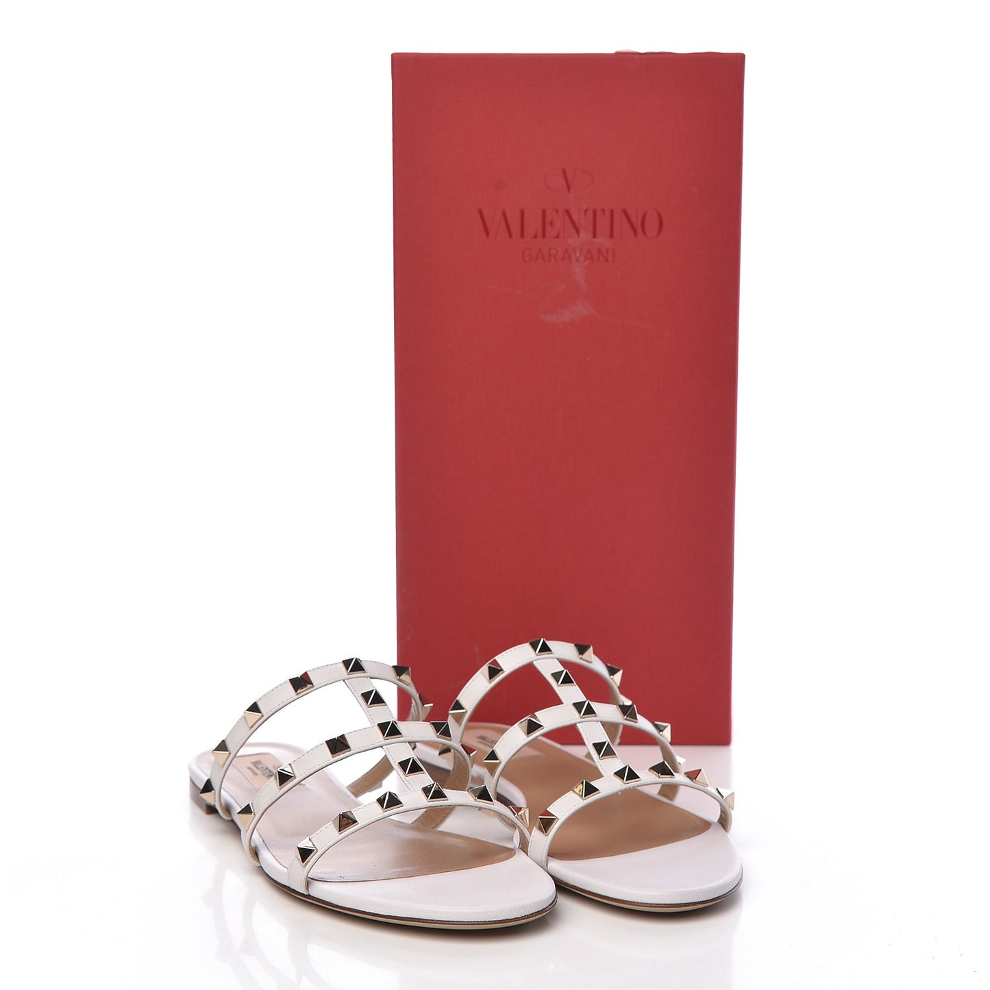 Nappa Rockstud Caged Flat Slide Sandals 37 Bianco Ottico