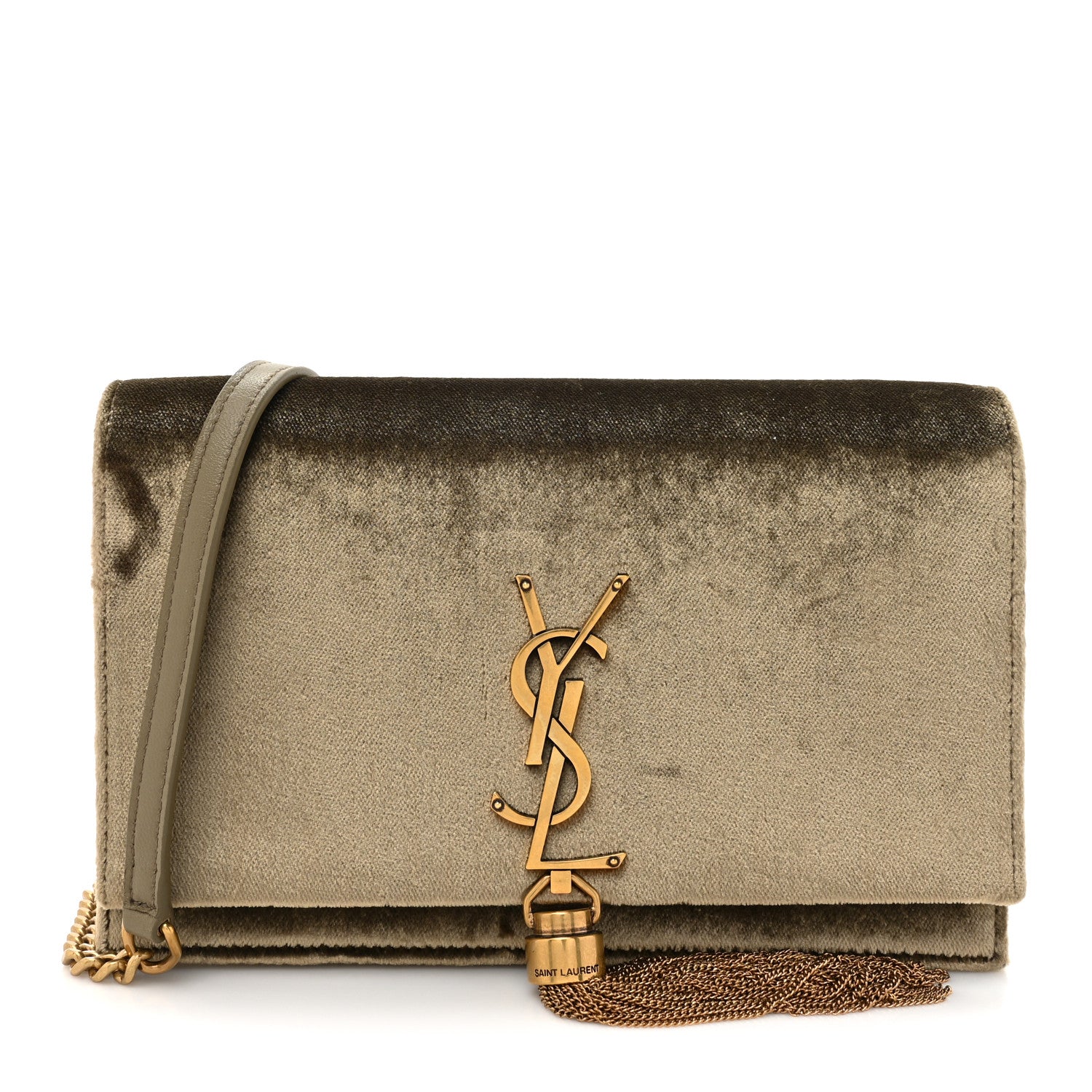 Saint Laurent Velvet Kate Tassel Chain Wallet Olive 1 of 11