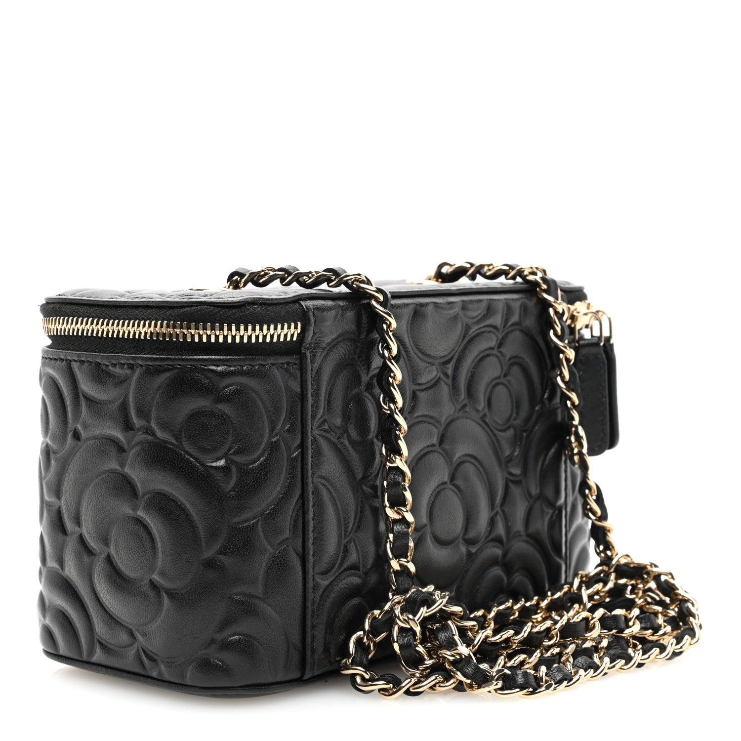 Chanel Lambskin Camellia Embossed Small Vanity Case With Chain Black 3 of 10