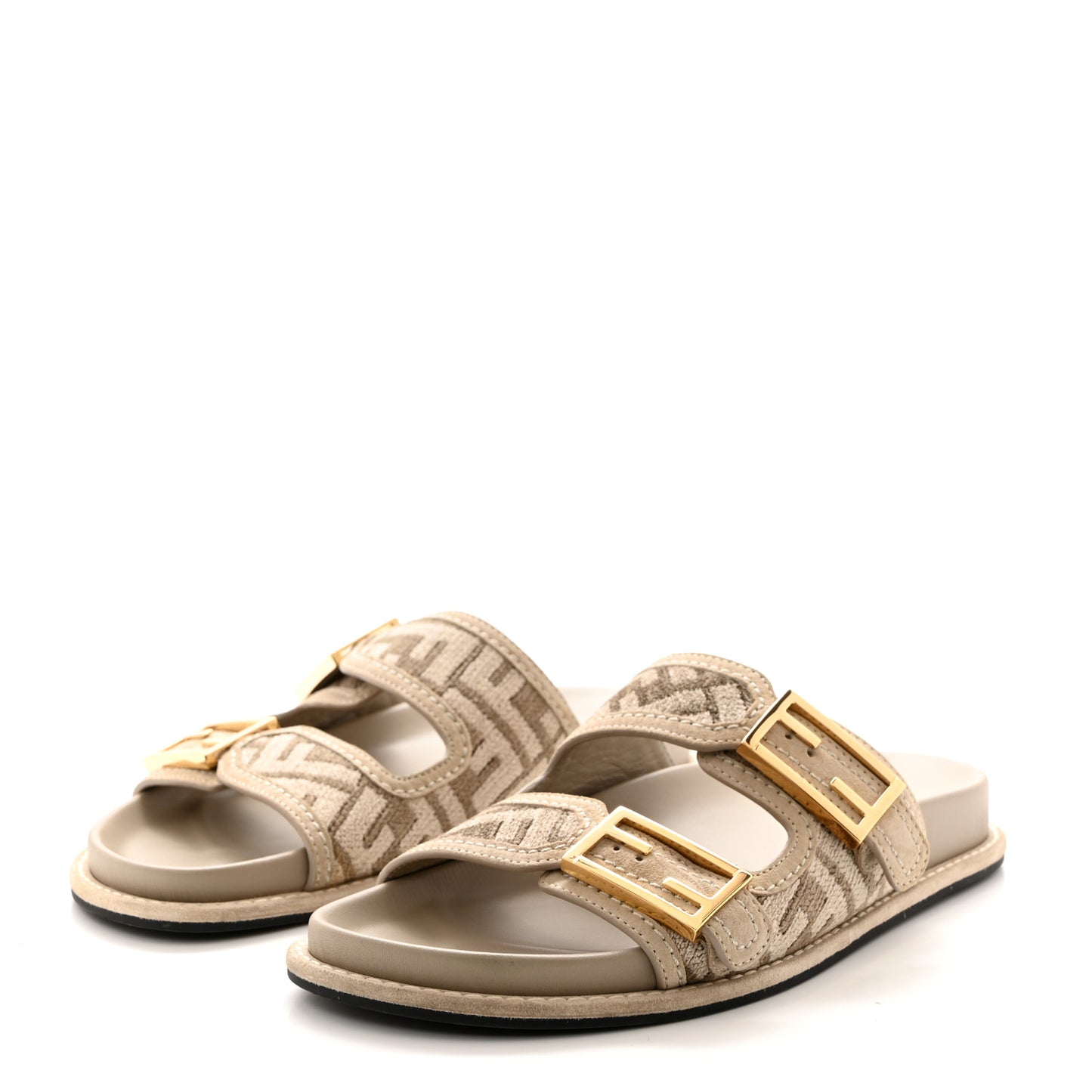 Chenille Fabric Jacquard Suede FF Womens Fendi Feel Buckled Slide Sandals 39.5 Tortora Nuvola Rock