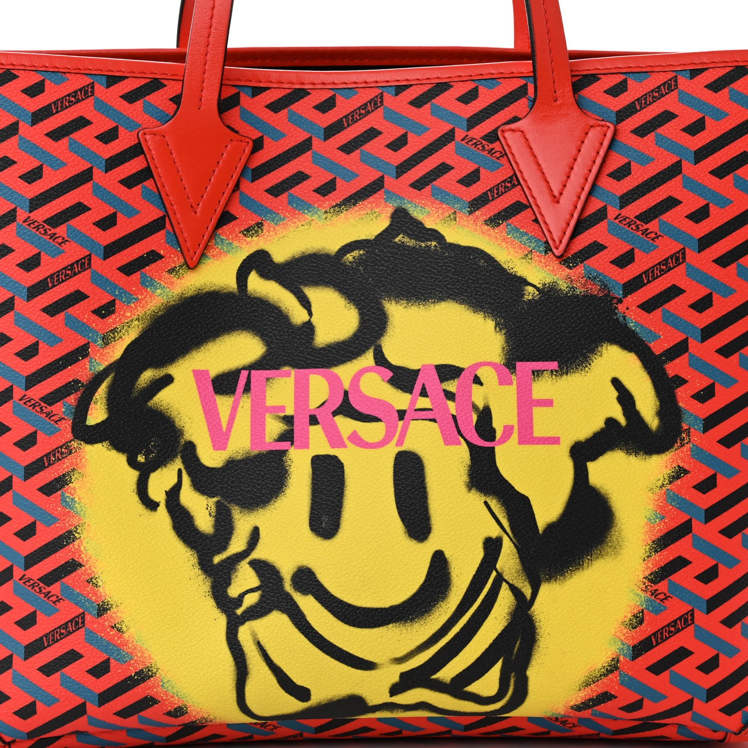 Versace Coated Canvas Calfskin La Greca Signature Shopper Tote Bag Blue Red 8 of 13