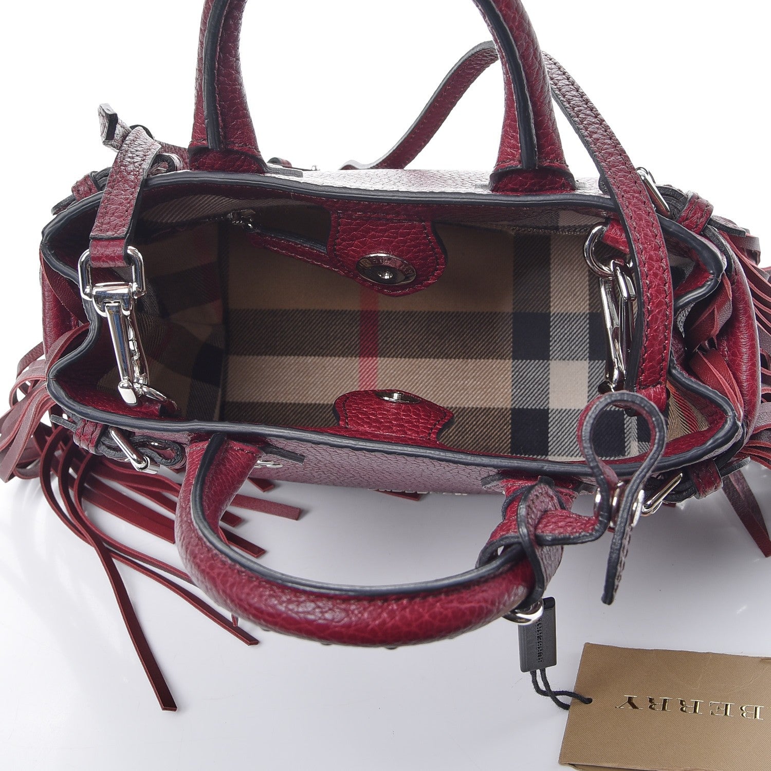 Burberry Grainy Calfskin Studded Fringe Baby Banner Tote Damson Magenta 5 of 7