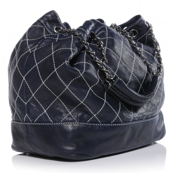 Leather Contrast Stitch Drawstring Tote Navy