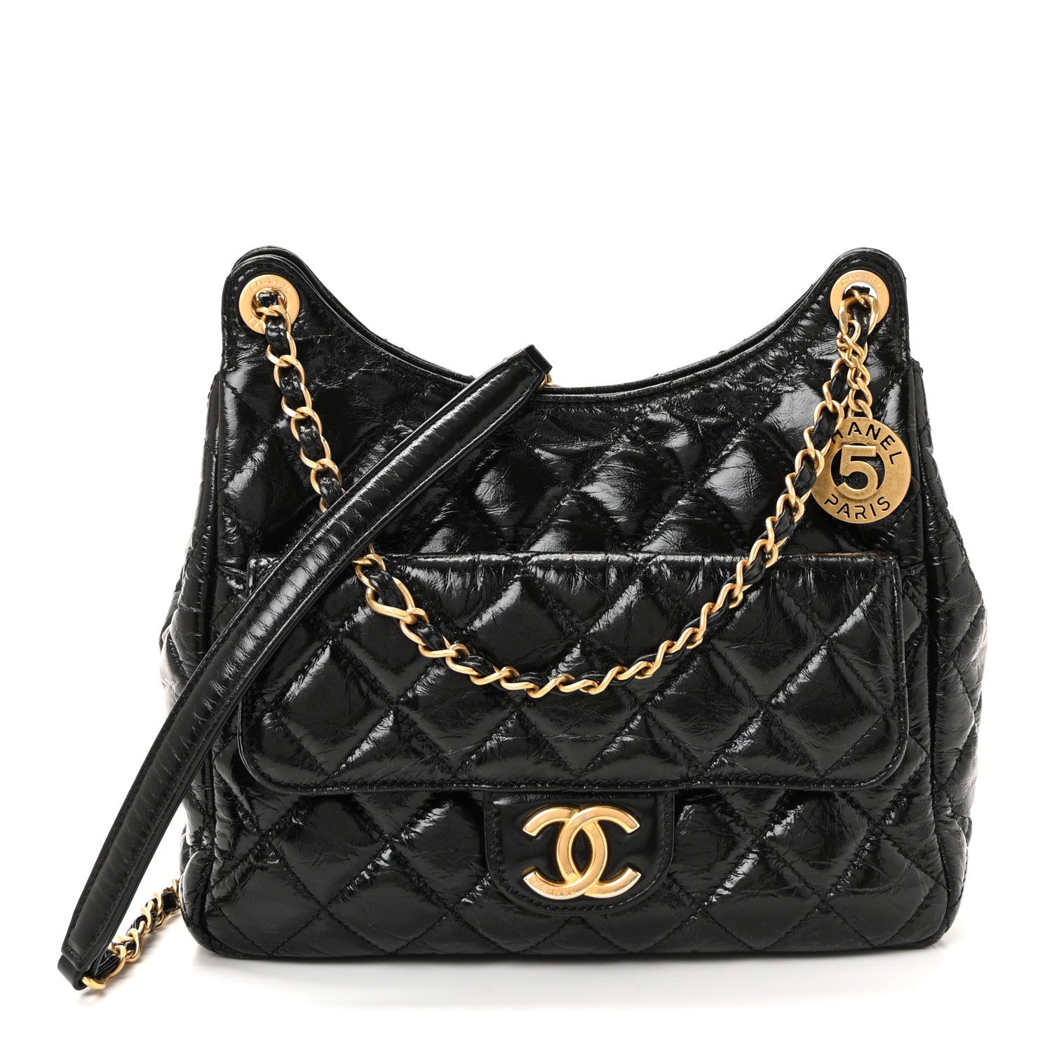 Chanel Shiny Crumpled Calfskin Quilted Wavy CC Hobo Black 1816017