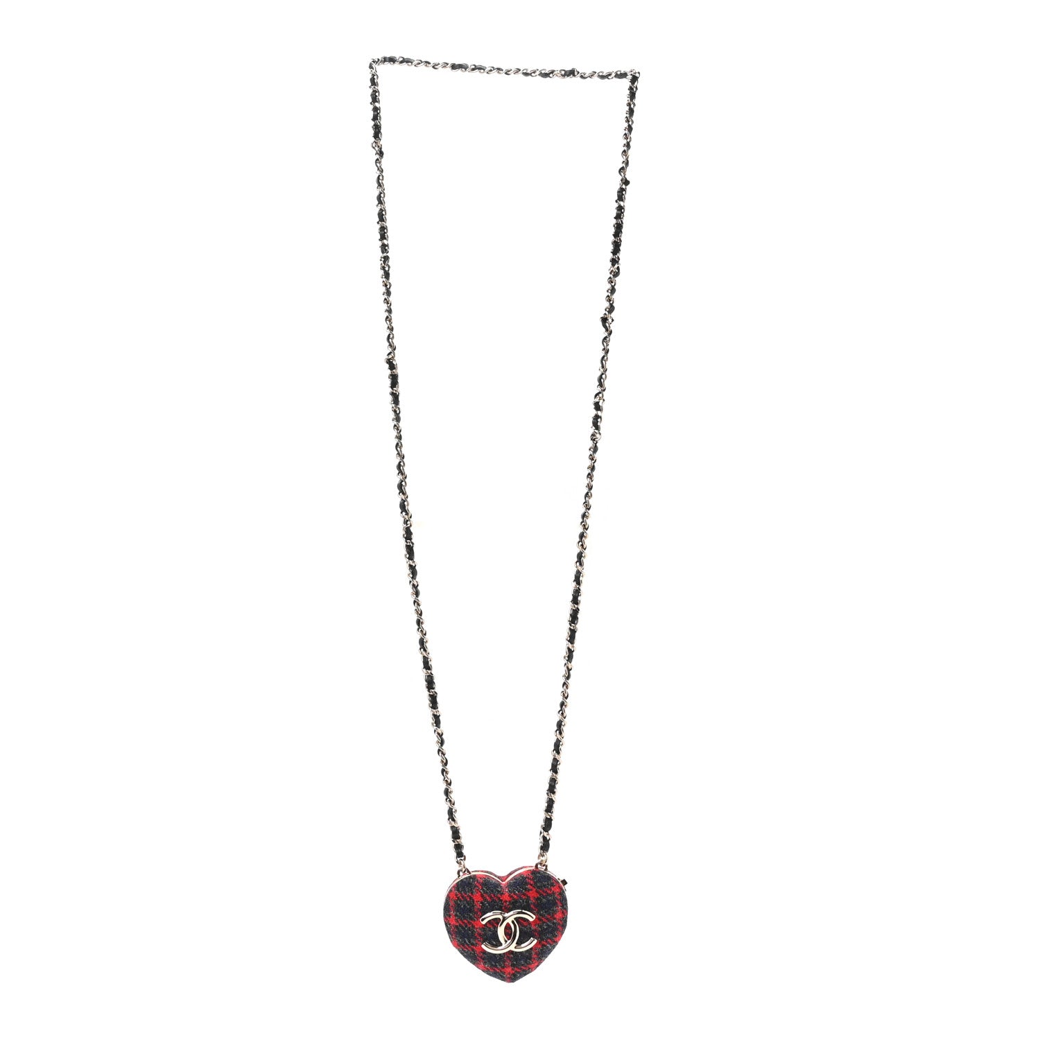 Chanel Tweed Lambskin CC Heart Locket Necklace Gold Grey Red Black