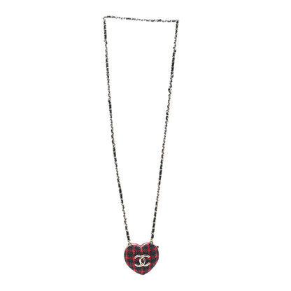 Chanel Tweed Lambskin CC Heart Locket Necklace Gold Grey Red Black 3 of 5
