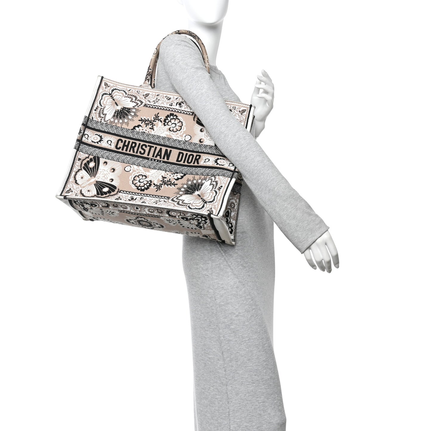 Canvas Embroidered Large Butterfly Bandana Book Tote Beige Multicolor