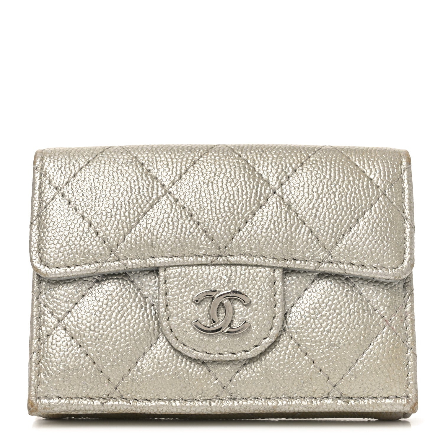Chanel Metallic Caviar Quilted Double Flap Wallet Silver 1 of 9