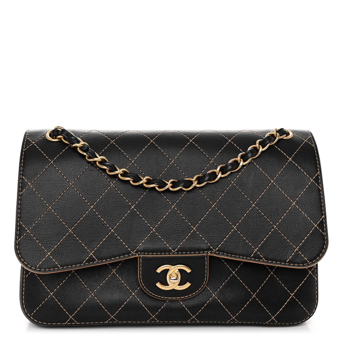 Calfskin Stitched Jumbo Double Flap Black