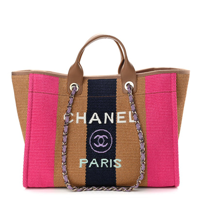 Chanel Straw Raffia Calfskin Striped Medium Deauville Tote Dark Beige Fuchsia Navy Blue 1 of 9
