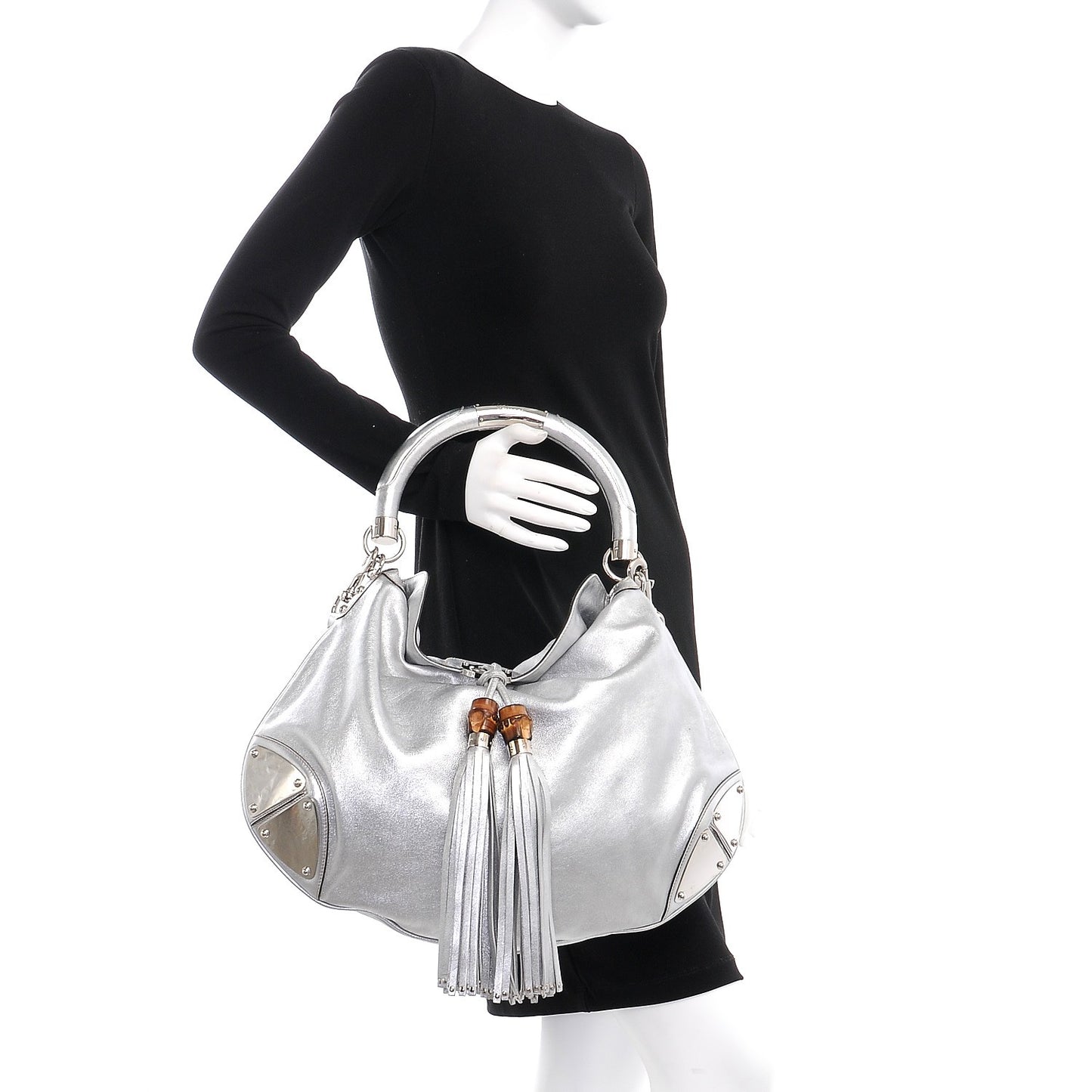 Metallic Calfskin Large Indy Top Handle Hobo Silver