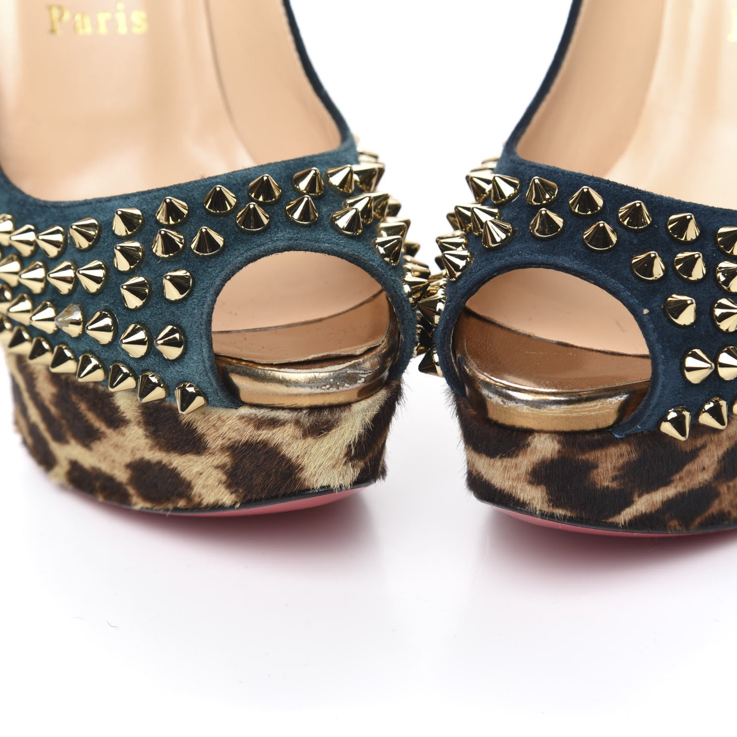 Christian Louboutin Veau Velours Calf Hair Leopard Lady Peep Spikes VIP 150 Pumps 35.5 Blue Khol Bronze 8 of 10