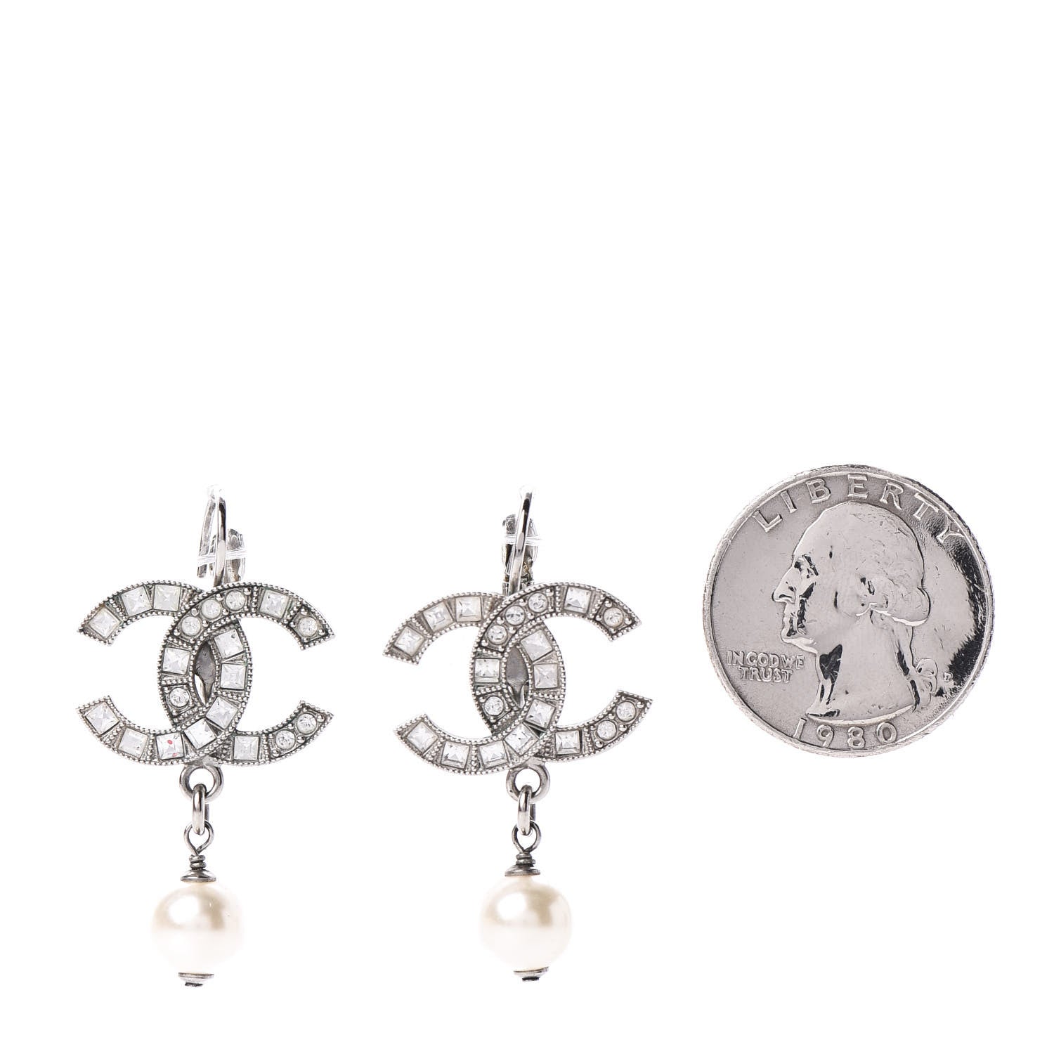 Chanel Baguette Crystal Pearl CC Drop Earrings Silver 2 of 4