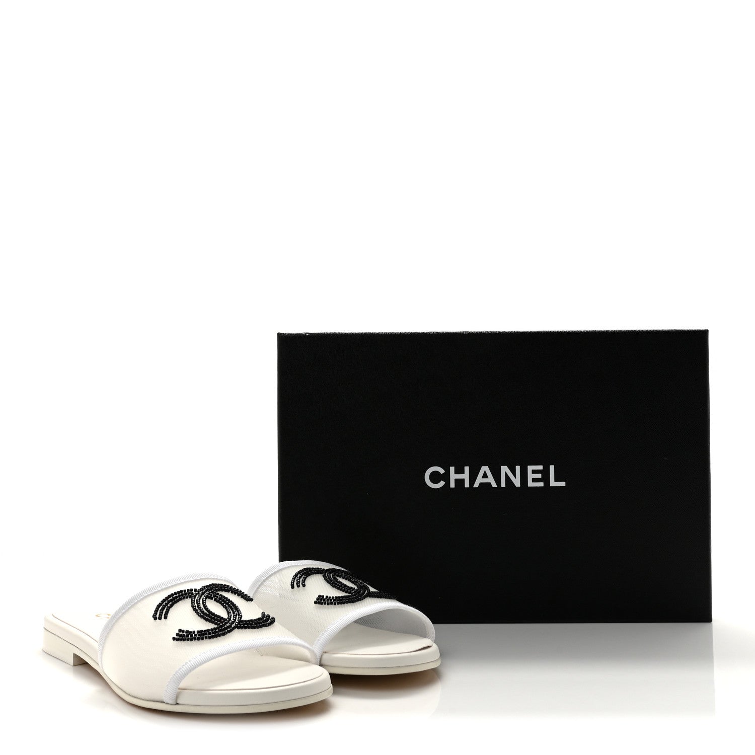 Chanel Mesh Glass Beaded CC Sandal Mules 37.5 White Black 9 of 9