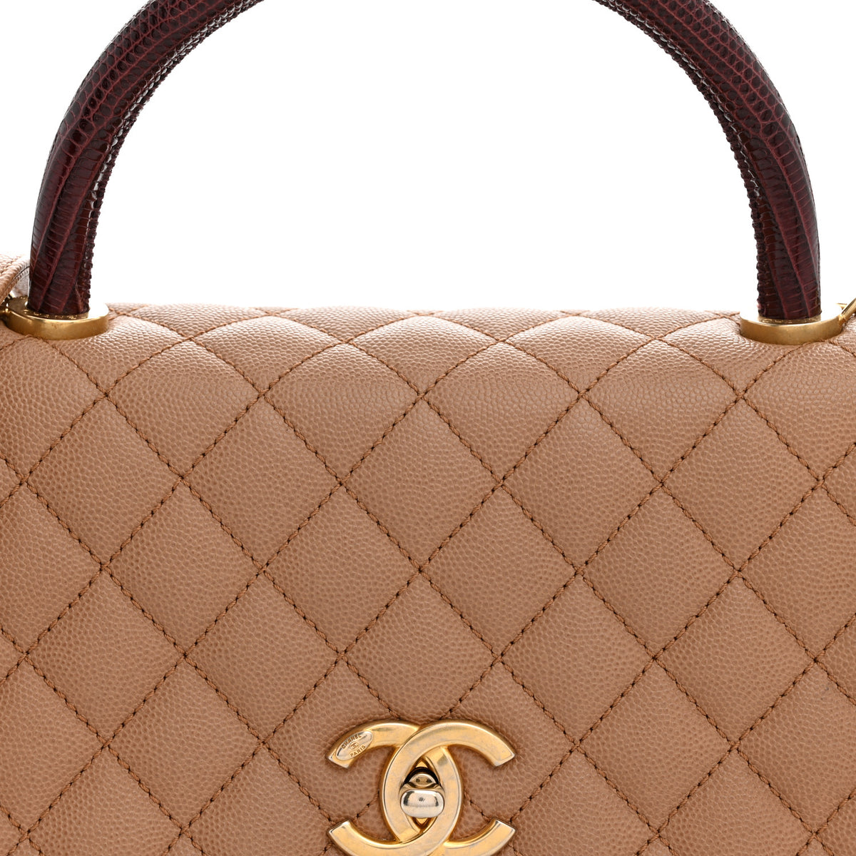 Caviar Lizard Quilted Small Coco Handle Flap Beige