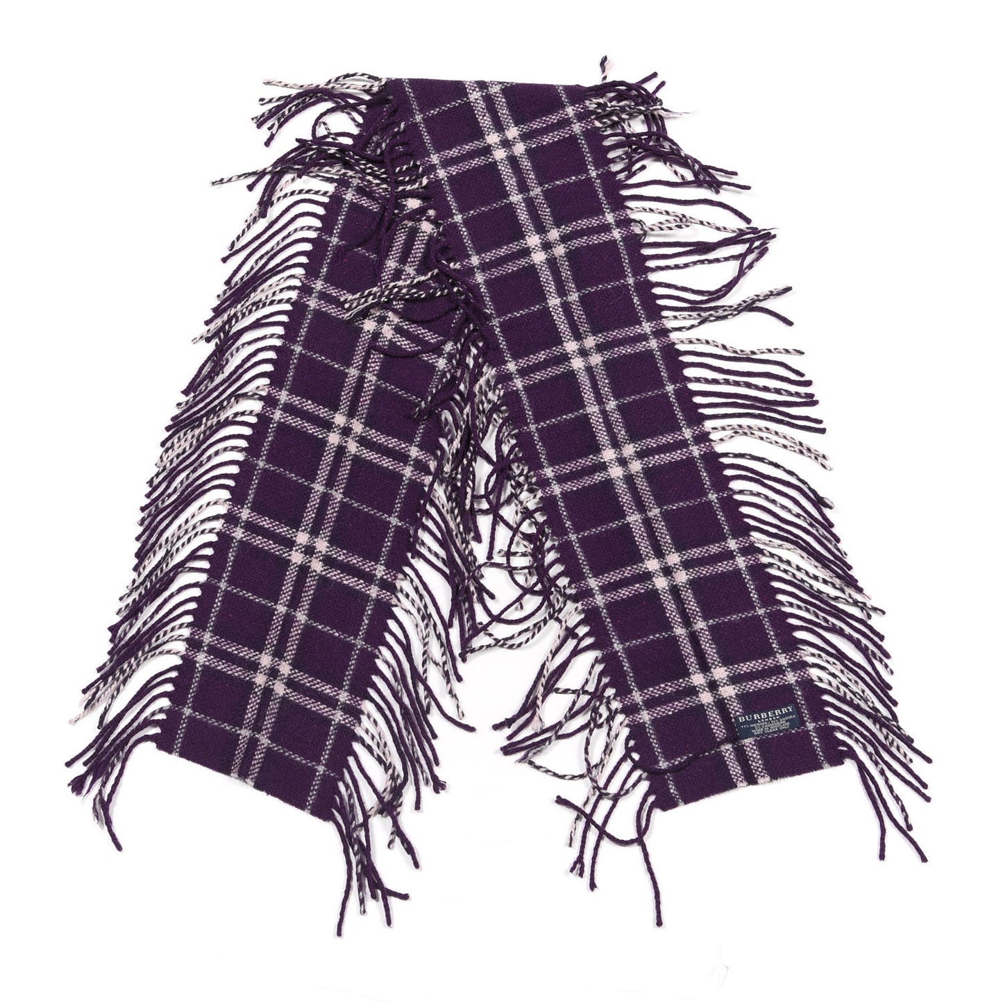 Merino Wool Angora Cashmere Check Happy Fringe Scarf Purple