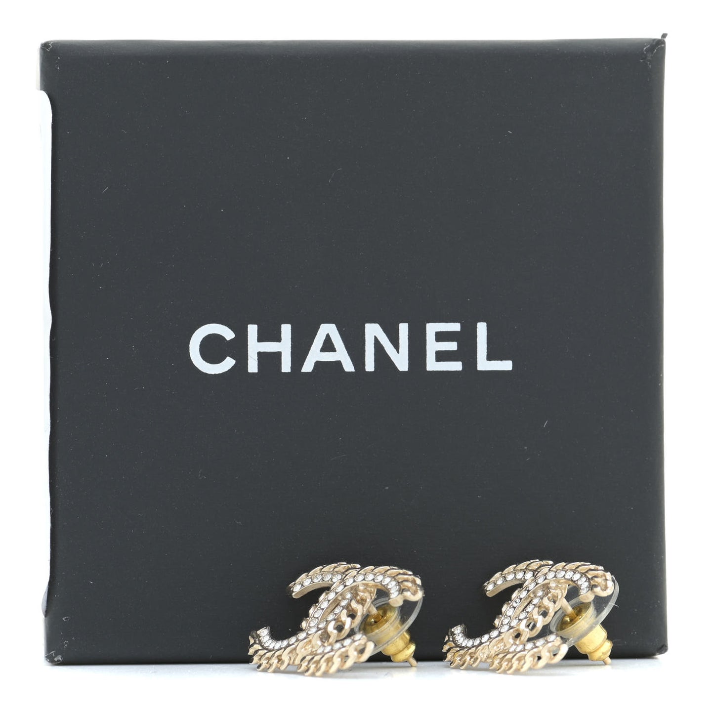 Crystal Chain CC Earrings Gold