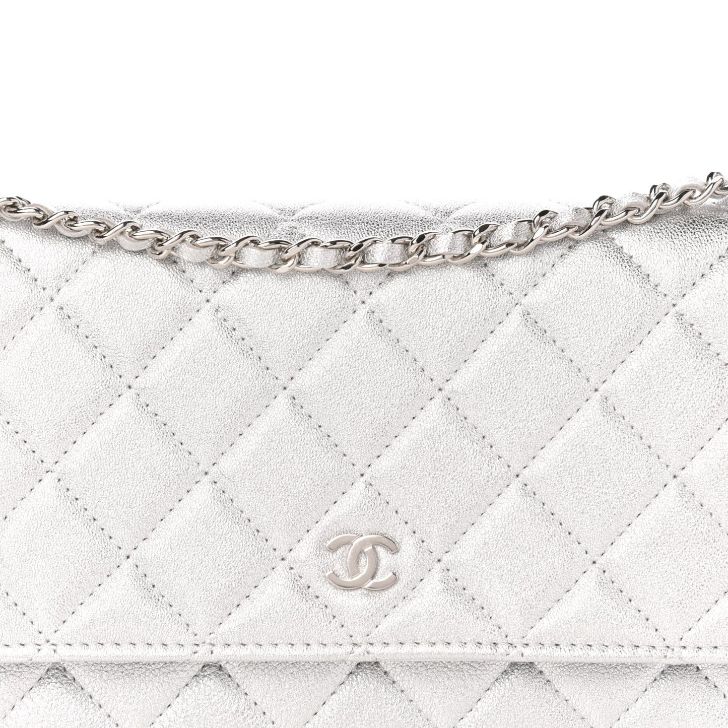 Metallic Lambskin Quilted Wallet On Chain WOC Silver