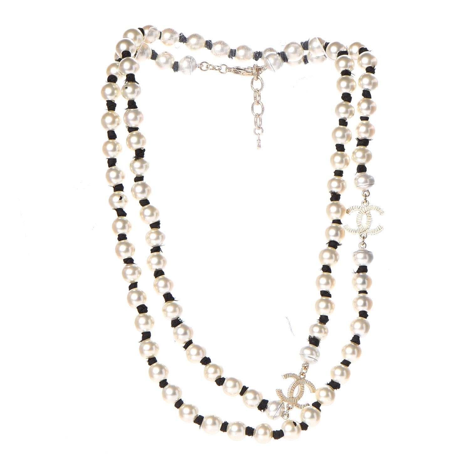 Chanel Pearl CC Long Necklace Gold Pearly White Black 3 of 8